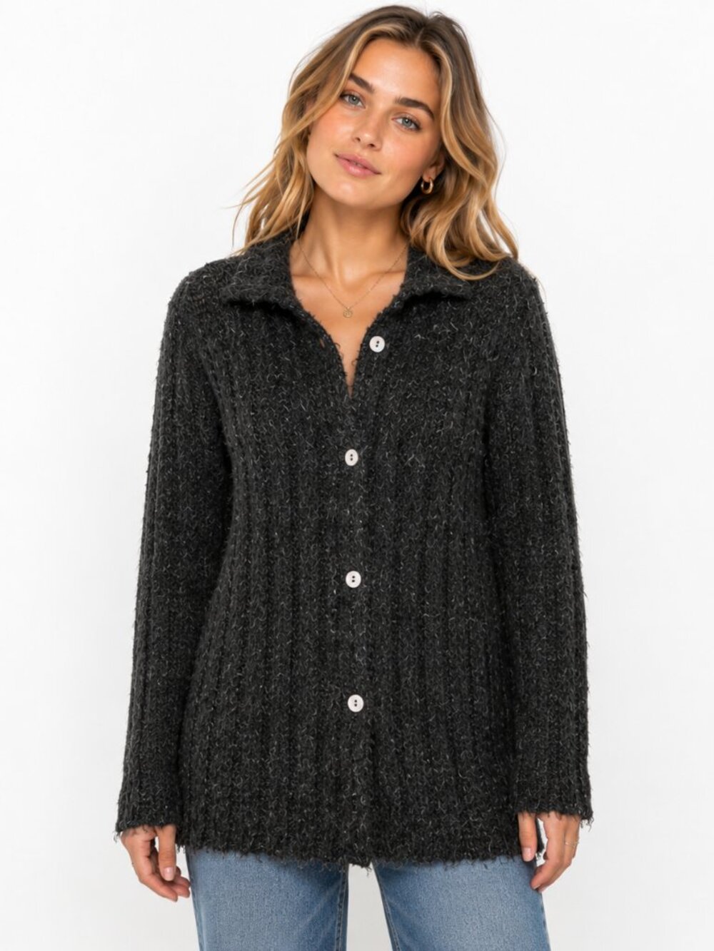 Joan Vass Mohair Blend Long Cardigan Women Size 2 Collared USA Lagenlook Minimal